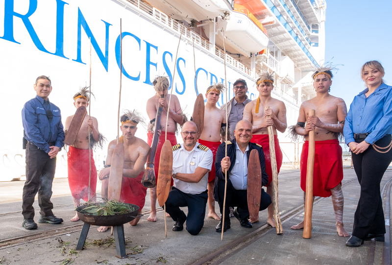 Crown Princess crew with Southern Ports and Aboriginal dancers
