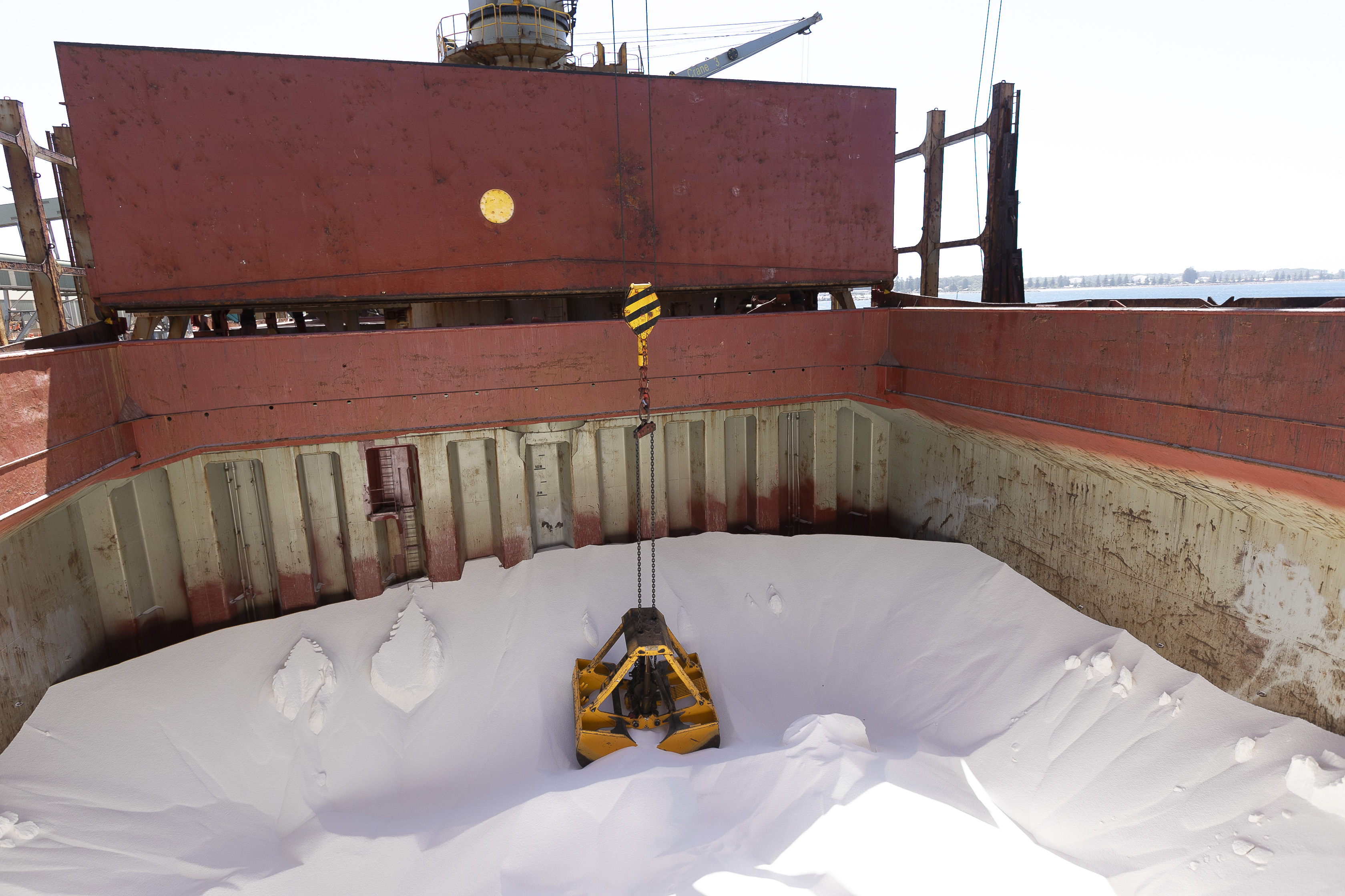 Fertiliser in a hold of a vessel