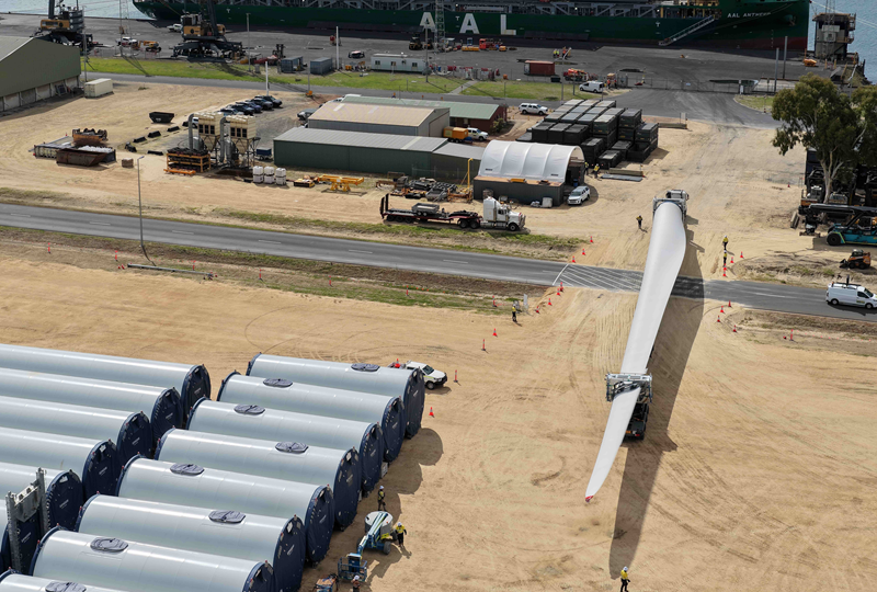 Wind farm blades in laydown at the Port of Bunbury