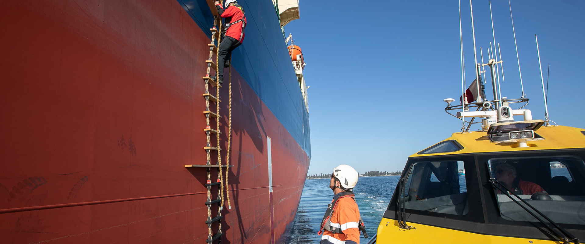 Pilot climbing ladder from pilot boat