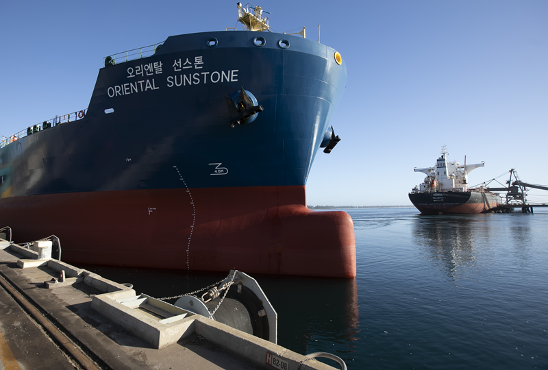 Vessel at Berth 2 in Esperance in the foreground with an iron ore vessel at Berth 3 in the background