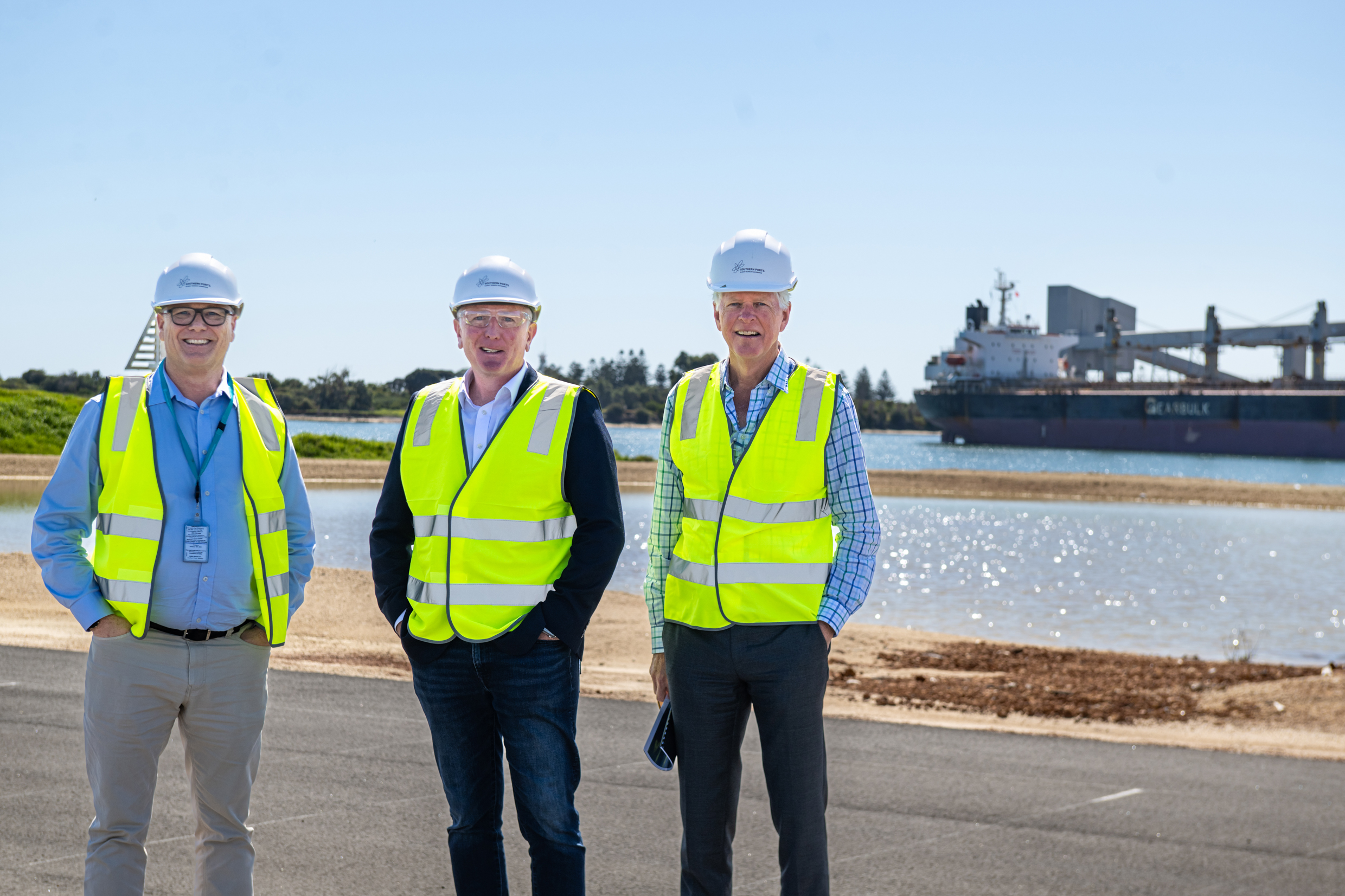Southern Ports Chief Executive Officer Keith Wilks, Ports Minister Stephen Dawson MLC and Southern Ports Chair Ian Shepherd at the Port of Bunbury.